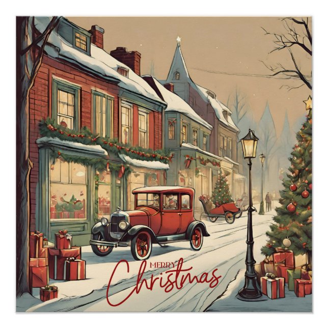 Merry Christmas Vintage Town Illustration  Poster (Front)