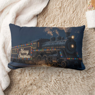 Merry Christmas Vintage Train In Snow Lumbar Pillow