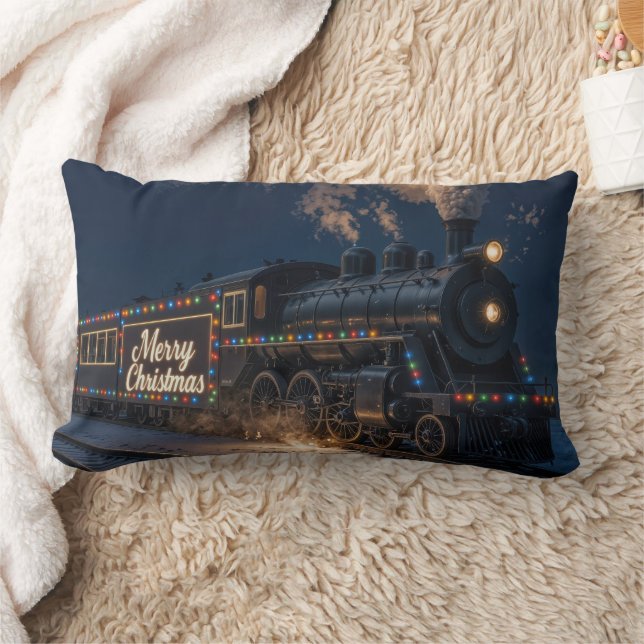 Merry Christmas Vintage Train In Snow Lumbar Pillow (Blanket)