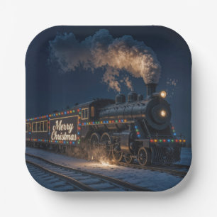 Merry Christmas Vintage Train In Snow Paper Plates