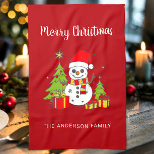 Merry Christmas Vintage Tree Snowman Personalized Kitchen Towel