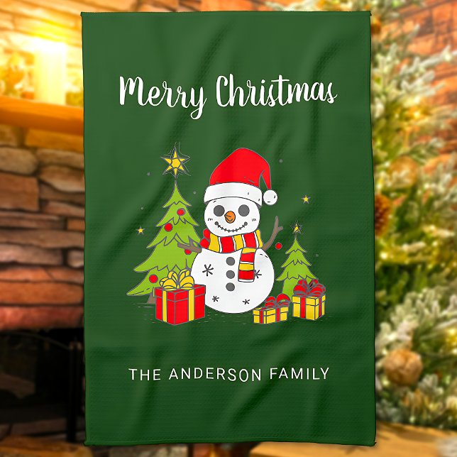 Merry Christmas Vintage Tree Snowman Personalized Kitchen Towel (Creator Uploaded)