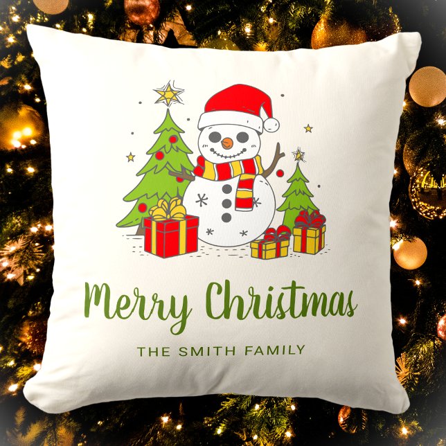 Merry Christmas Vintage Tree Snowman Personalized Throw Pillow (Creator Uploaded)