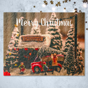 Merry Christmas Vintage Tree Store Red Truck Jigsaw Puzzle