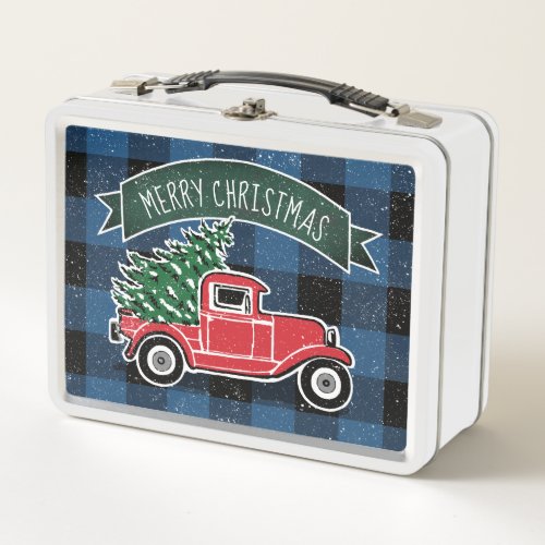 Merry Christmas Vintage Truck Blue Buffalo Plaid Metal Lunch Box