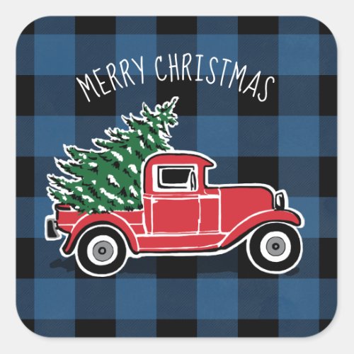 Merry Christmas Vintage Truck Blue Buffalo Plaid Square Sticker