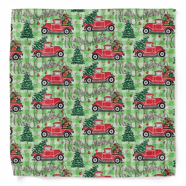 Merry Christmas Vintage Truck Green Buffalo Check Bandana (Front)