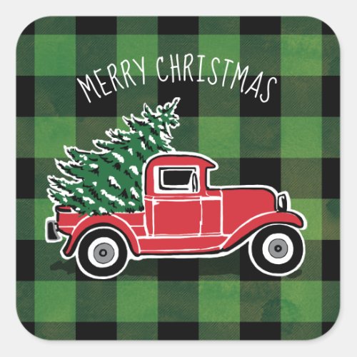 Merry Christmas Vintage Truck Green Buffalo Plaid Square Sticker