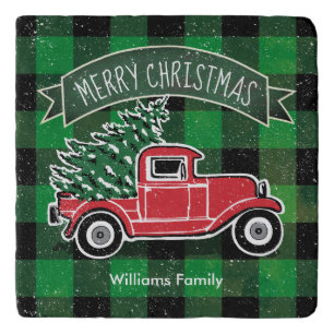 Merry Christmas Vintage Truck Green Buffalo Plaid Trivet
