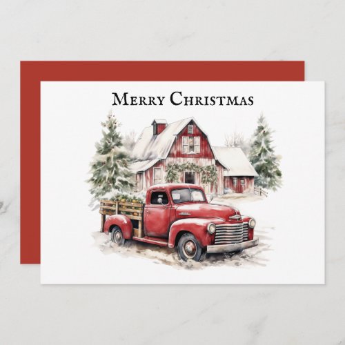 Merry Christmas Vintage Truck Snow Pine Trees Holiday Card