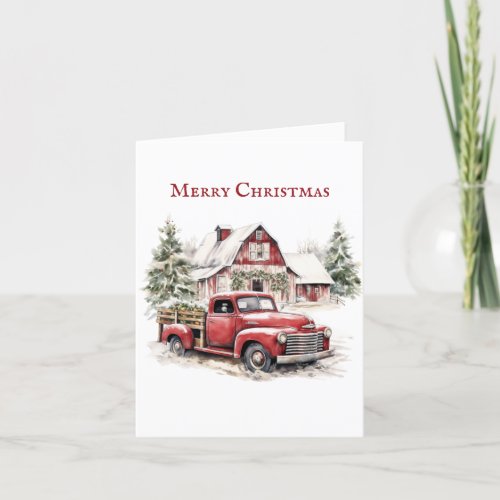 Merry Christmas Vintage Truck Snow Pine Trees Holiday Card