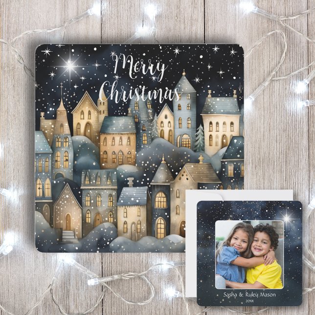 Merry Christmas Vintage Village Family Photo Name  Card (Creator Uploaded)