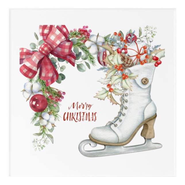Merry Christmas Vintage White Figure Skate Acrylic Print (Front)