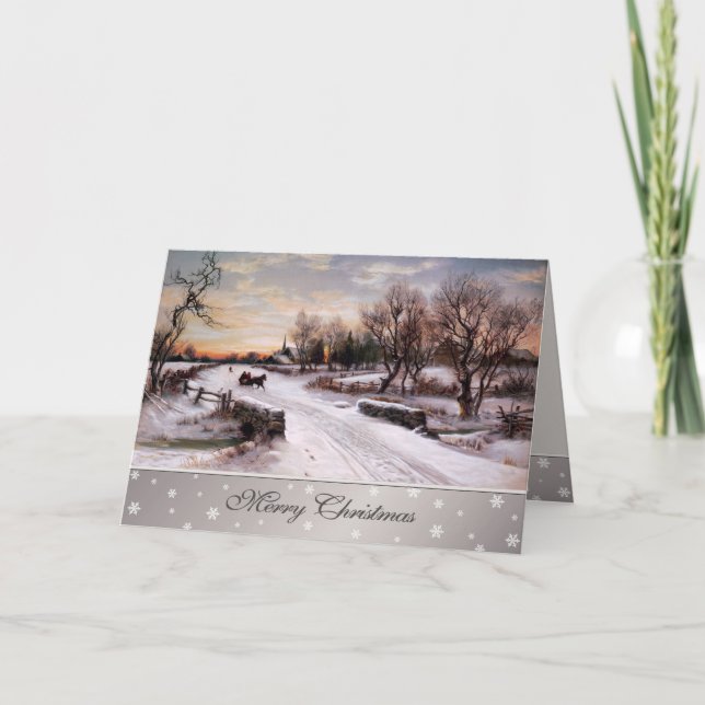 Merry Christmas. Vintage Winter Country Scene Holiday Card (Front)