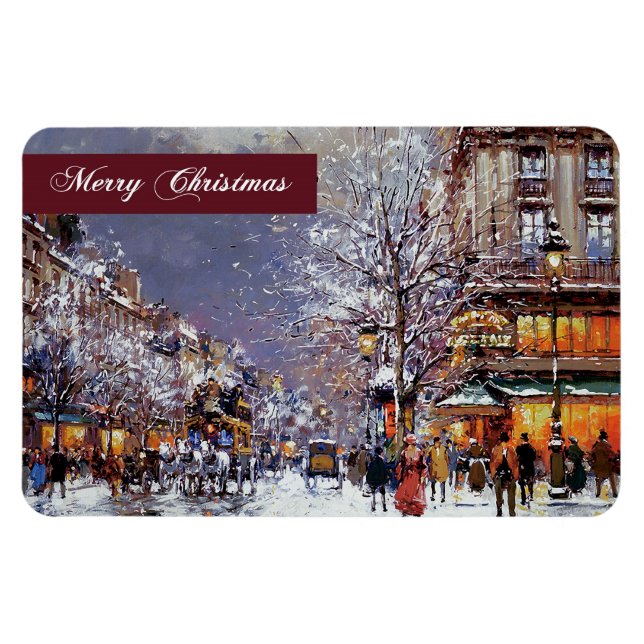 Merry Christmas.  Vintage Winter Parisian Scene Magnet (Horizontal)