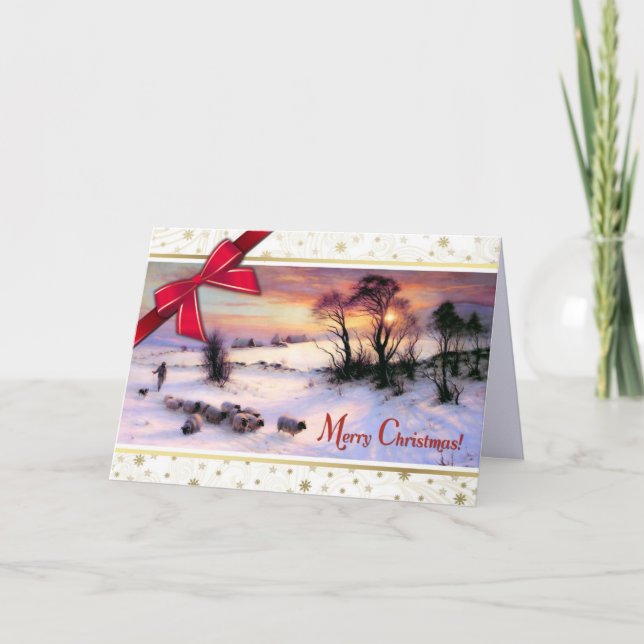Merry Christmas. Vintage Winter Scene Painting Holiday Card (Front)