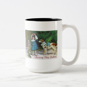 Merry Christmas Vintage with Girl English Setter Two-Tone Coffee Mug