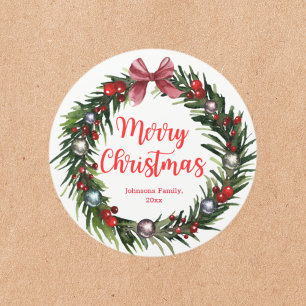 merry christmas vintage wreath ornaments red chic  classic round sticker