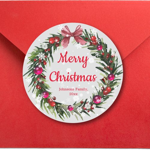 merry christmas vintage wreath snowflakes red classic round sticker