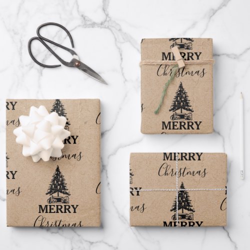 Merry Christmas Vintage Xmas Tree Kraft Wrapping Paper Sheets
