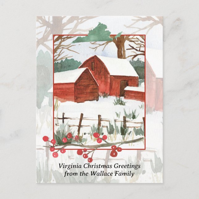 Merry Christmas Virginia Farm Red Barn Personalize Holiday Postcard (Front)
