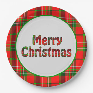 Merry Christmas Vivid Red Green Tartan Typography Paper Plates