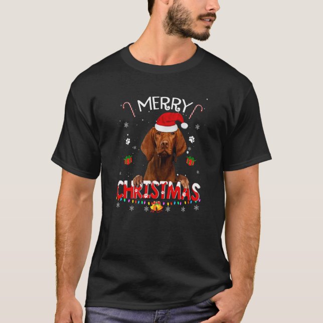 Merry Christmas Vizsla Dog Santa Hat Xmas Pajama T-Shirt (Front)
