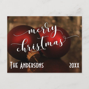 Merry Christmas w/ Red Glass Balls, Personalized Holiday Postcard
