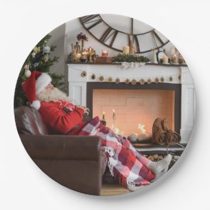Merry Christmas Warm and Cozy Fireplace Santa Paper Plates