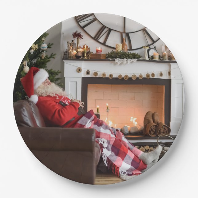 Merry Christmas Warm and Cozy Fireplace Santa Paper Plates (Front)