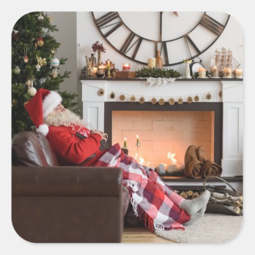 Merry Christmas Warm and Cozy Fireplace Santa Square Sticker