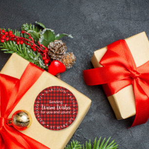 merry Christmas warm wishes Plaid business Classic Round Sticker