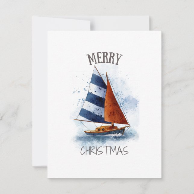 Merry Christmas Water Color Sailboat Holiday Card (Front)