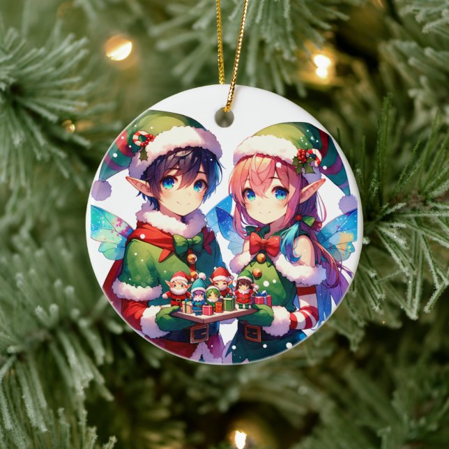Merry Christmas Watercolor Anime Elves Personalize Ceramic Ornament (Tree)