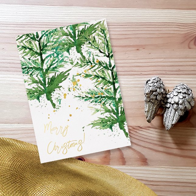Merry Christmas Watercolor Art Tree Foil Holiday Card (Creator Uploaded)