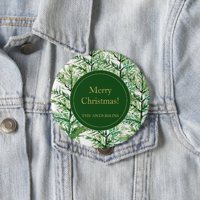 Merry Christmas Watercolor Art Tree personalized Button (In Situ)