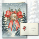 Merry Christmas Watercolor Baby Jesus Holiday Card<br><div class="desc">Featuring a beautiful watercolor image of the Baby Jesus inlaid in a gold frame accented with a red bow overlaid on a scene of snow covered evergreen trees.</div>