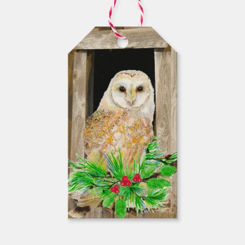 Merry Christmas Watercolor Barn Owl Bird Art Gift Tags