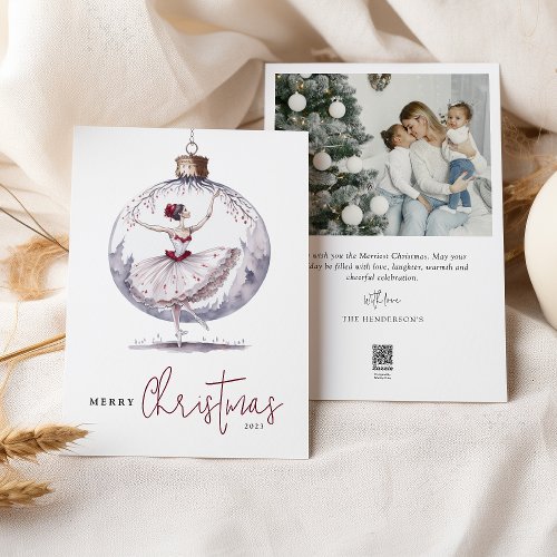 Merry Christmas Watercolor Bauble Photo Holiday Card