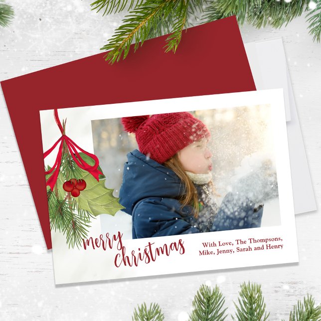 Merry Christmas Watercolor Berries Custom Photo  Holiday Card (Merry Christmas holiday berries and greenery with a whimsical red ribbon.)