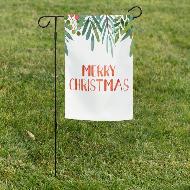 Merry Christmas Watercolor Berry and Branches  Garden Flag (In SItu)