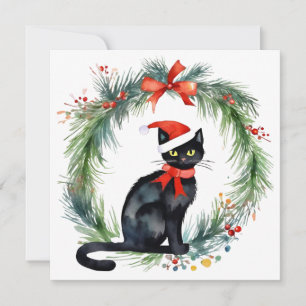 Merry Christmas Watercolor Black Cat and Wreath  Holiday Card