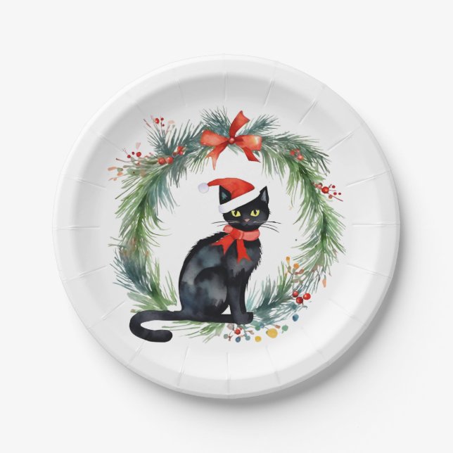 Merry Christmas Watercolor Black Cat and Wreath  Paper Plates (Front)