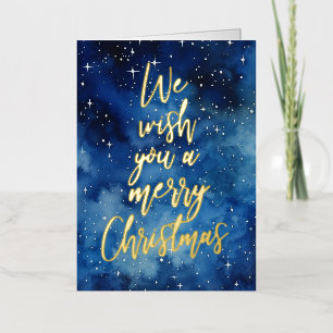 Merry Christmas Watercolor Blue Indigo Photo Gold Foil Holiday Card