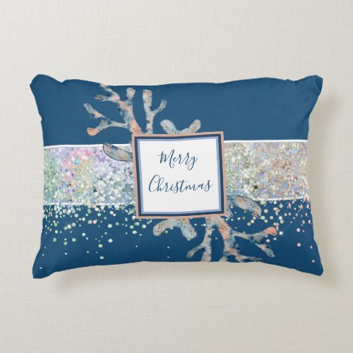 Merry Christmas watercolor blue tan beach style Accent Pillow