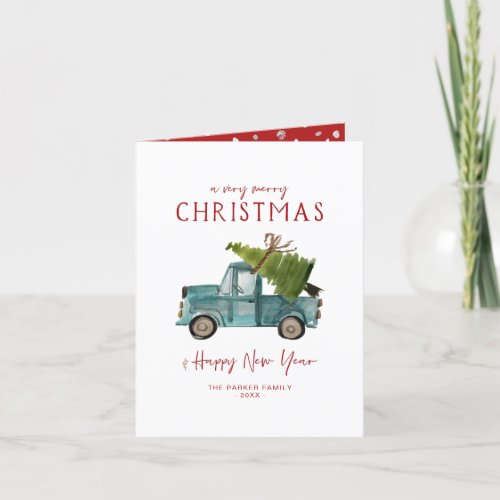 Merry Christmas  Watercolor Blue Truck Holiday