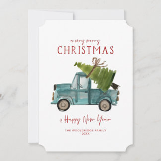Merry Christmas | Watercolor Blue Truck Holiday Card