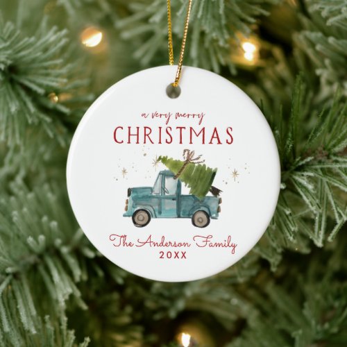 Merry Christmas  Watercolor Blue Truck Holiday Ceramic Ornament