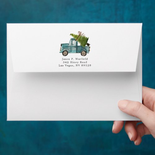 Merry Christmas  Watercolor Blue Truck Holiday Envelope