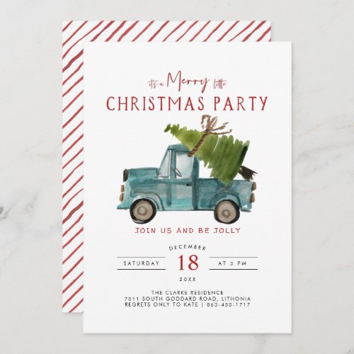 Merry Christmas  Watercolor Blue Truck Holiday Invitation